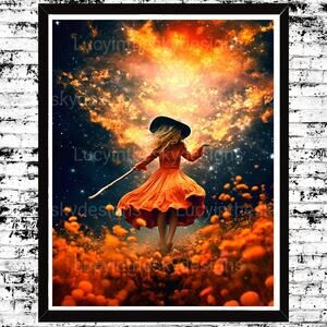 Magical Halloween Witch Universe Cosmo Dreamy Surreal Autumn Art Print